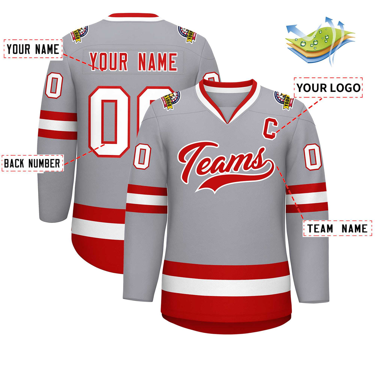 Custom Gray Red-White Classic Style Hockey Jersey