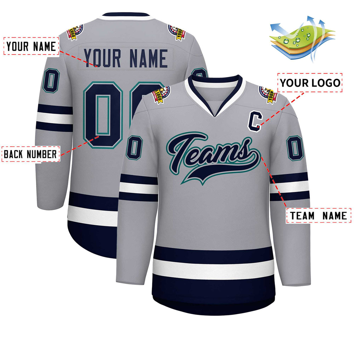 Custom Gray Navy Gray-Aqua Classic Style Hockey Jersey