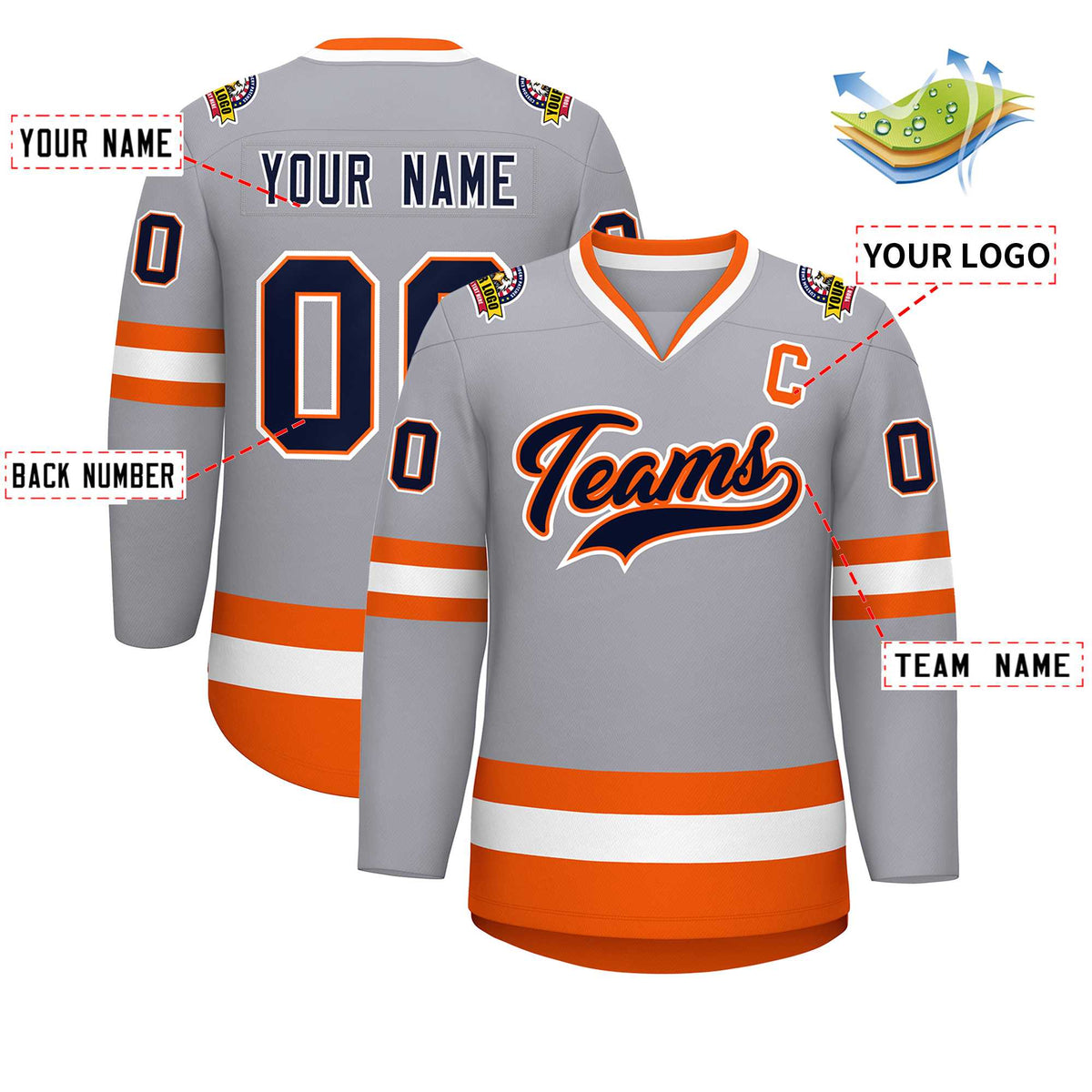 Custom Gray Navy Orange-White Classic Style Hockey Jersey