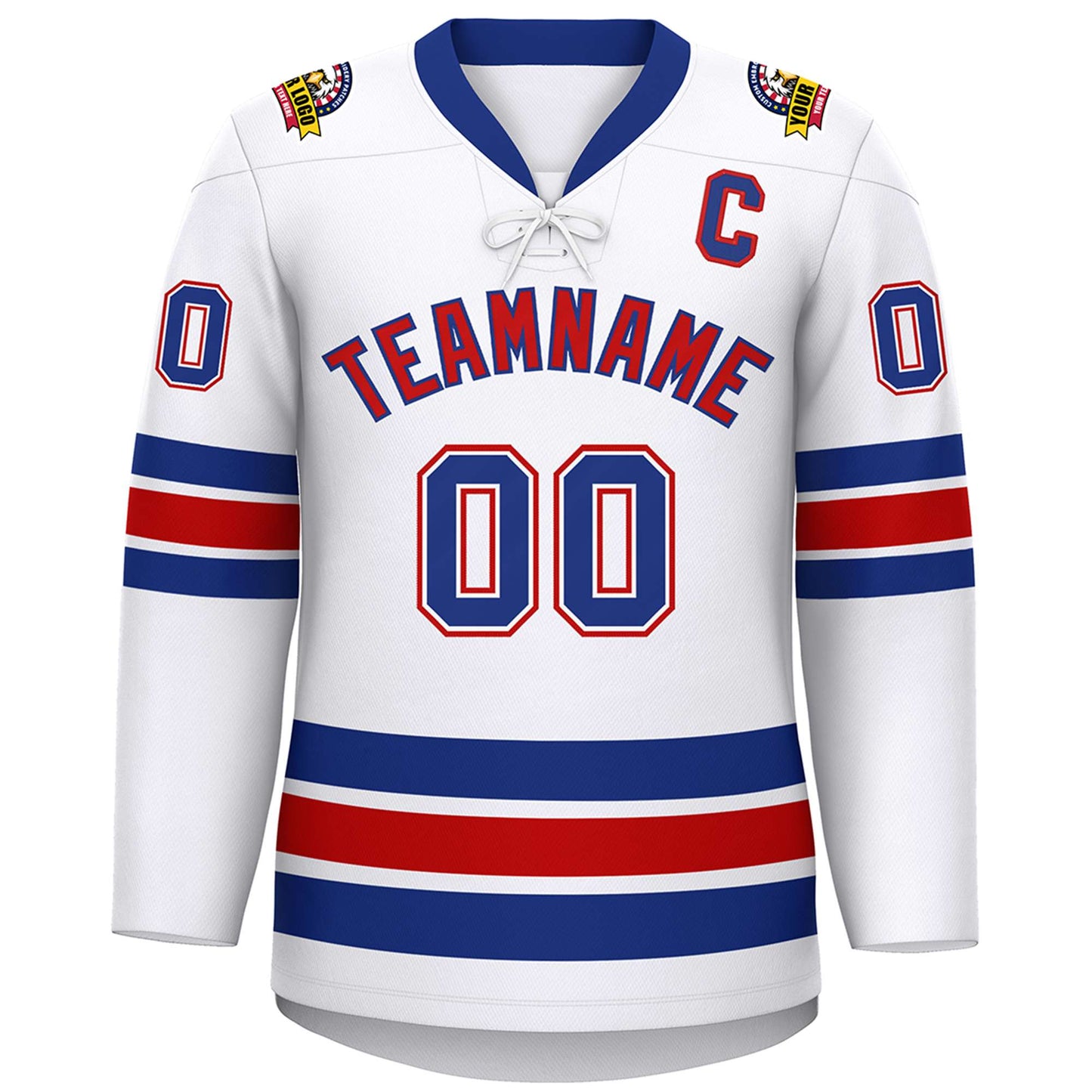 Custom White Royal-Red Lace-Up Neck Hockey Jersey