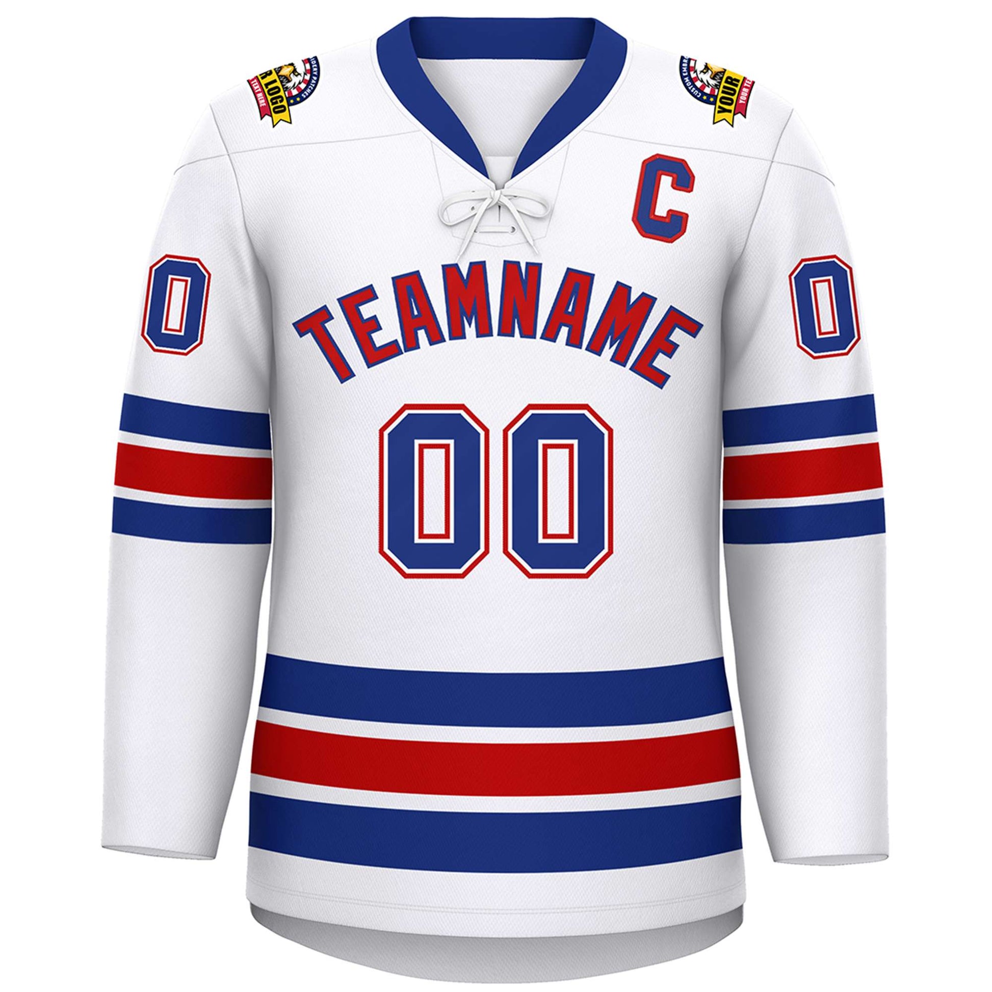 Custom White Royal-Red Lace-Up Neck Hockey Jersey