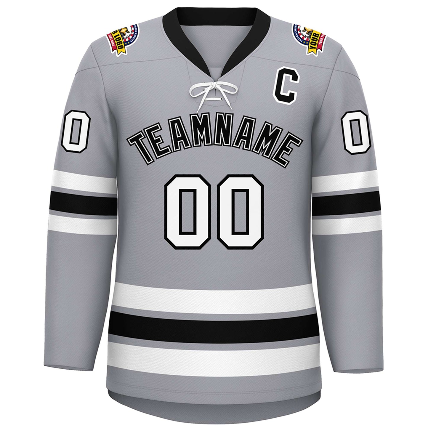 Custom Gray Black-White Lace-Up Neck Hockey Jersey