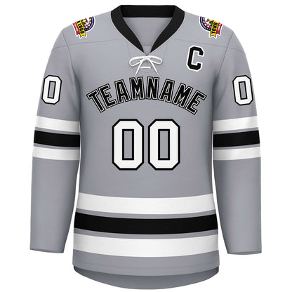 Custom Gray Black-White Lace-Up Neck Hockey Jersey
