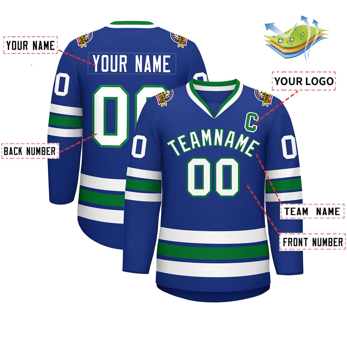 Custom Royal White-Kelly Green Classic Style Hockey Jersey