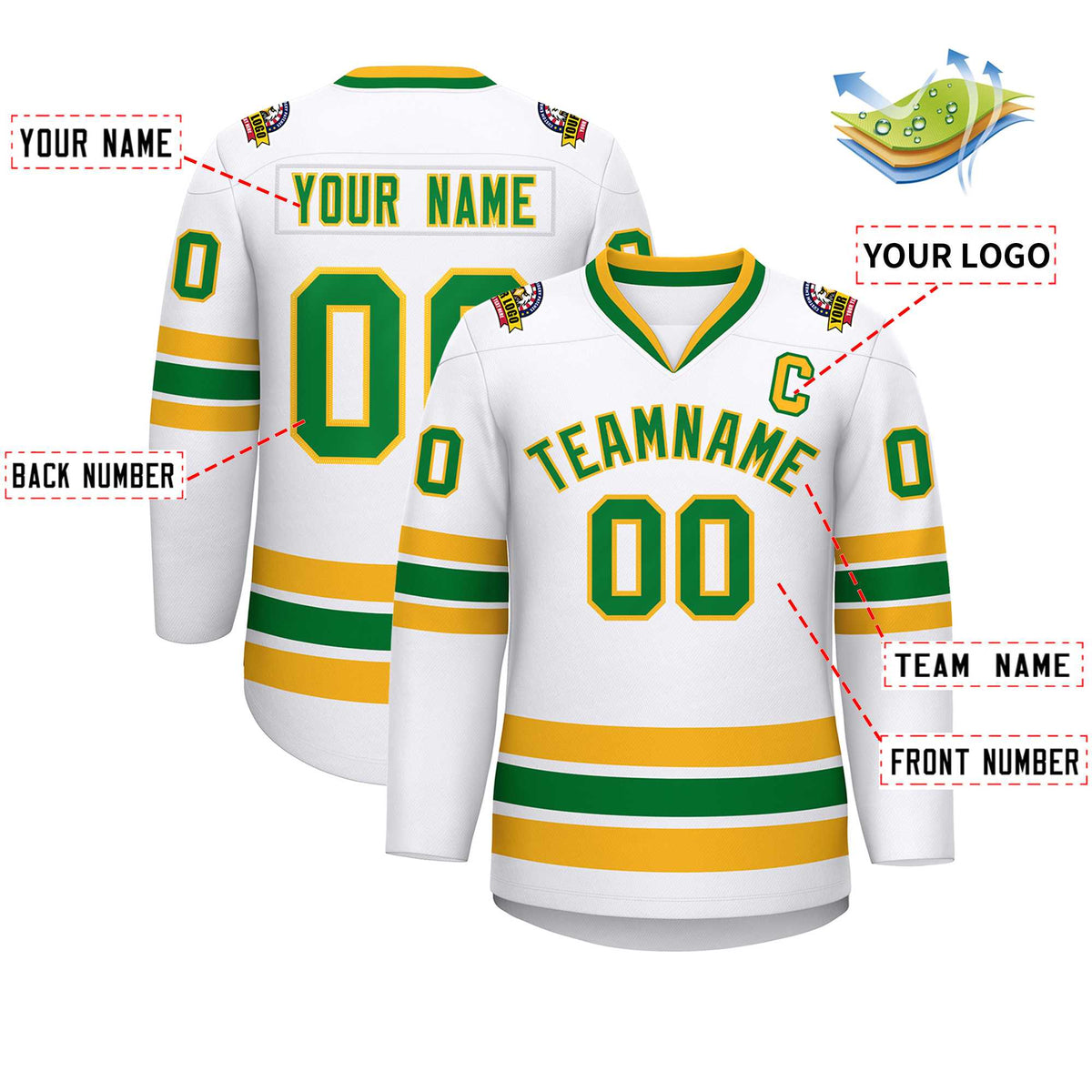 Custom White Kelly Green-Gold Classic Style Hockey Jersey