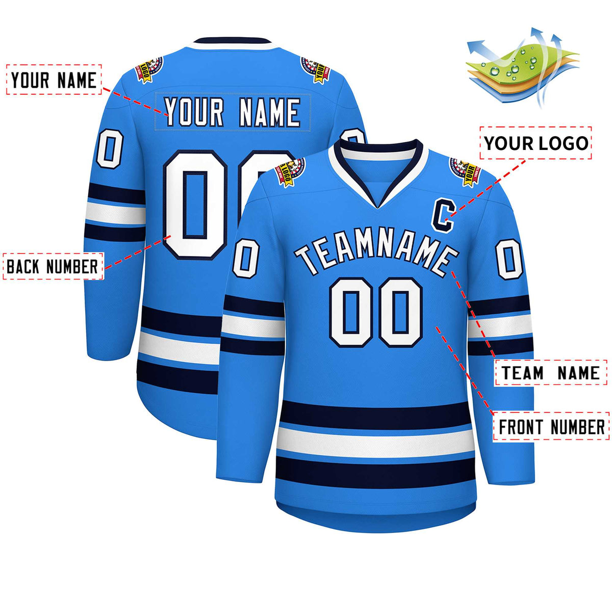Custom Powder Blue White-Navy Classic Style Hockey Jersey