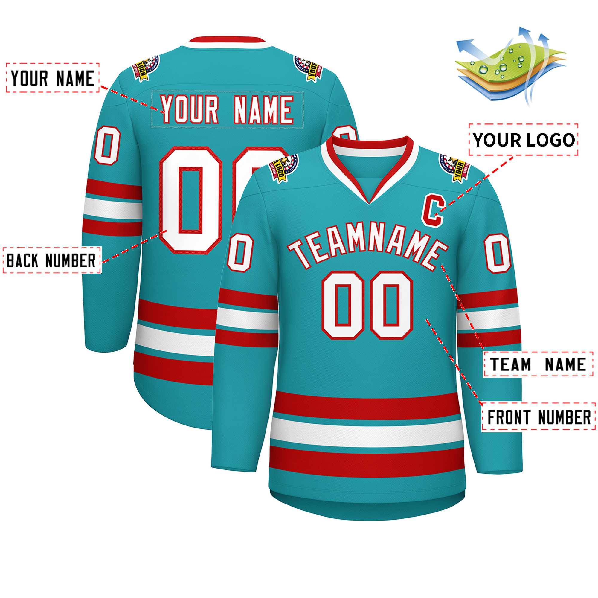 Custom Aqua White-Red Classic Style Hockey Jersey