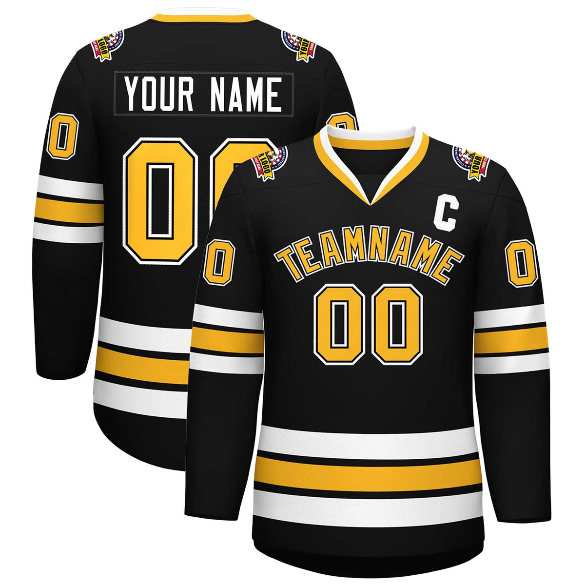 Custom Black Gold-White Classic Style Design Hockey Jersey
