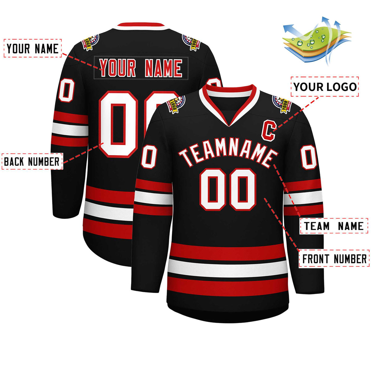 Custom Black White-Red Classic Style Hockey Jersey