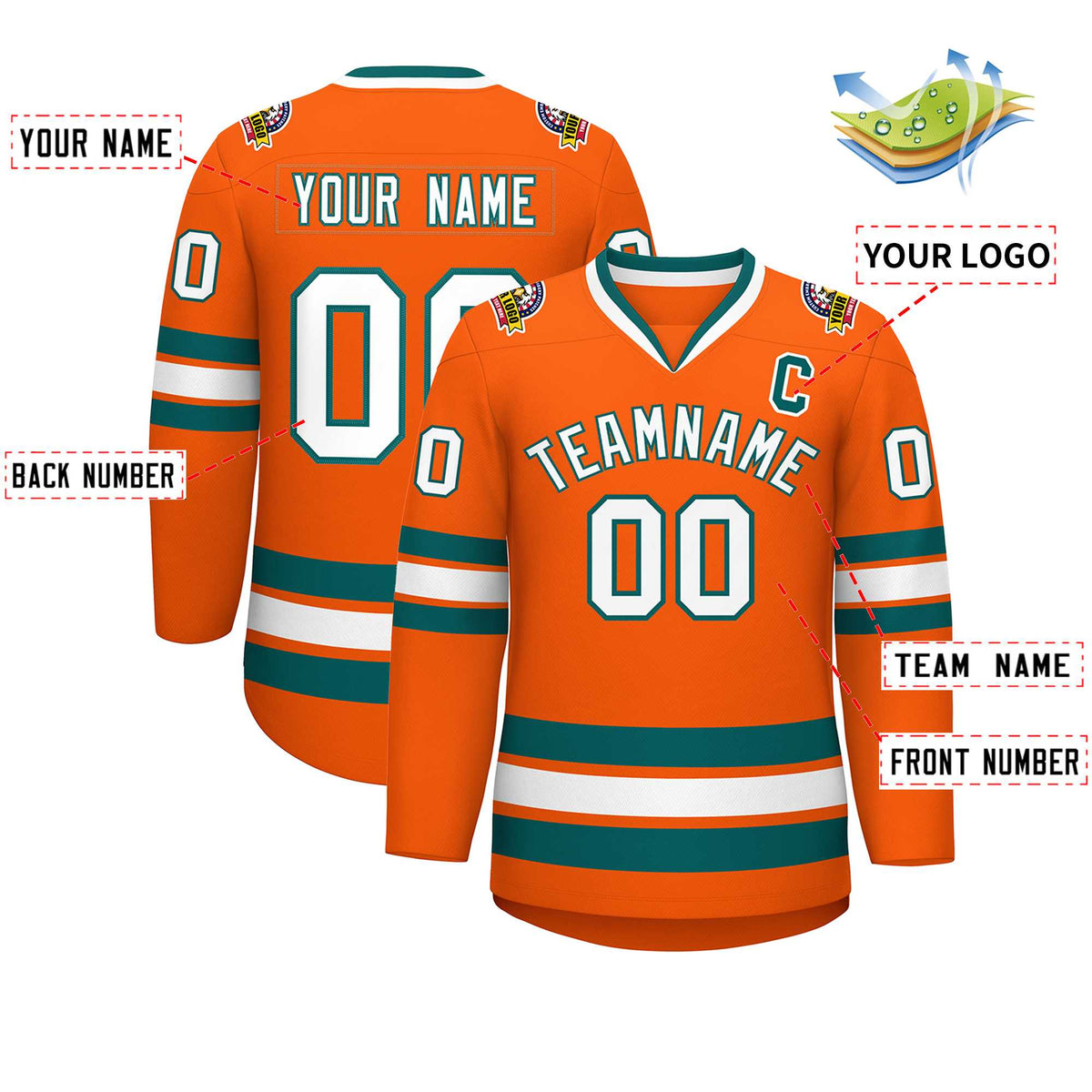 Custom Orange White-Aqua Classic Style Hockey Jersey