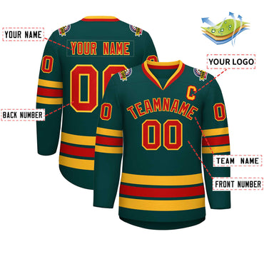 Custom Midnight Green Red-Gold Classic Style Hockey Jersey