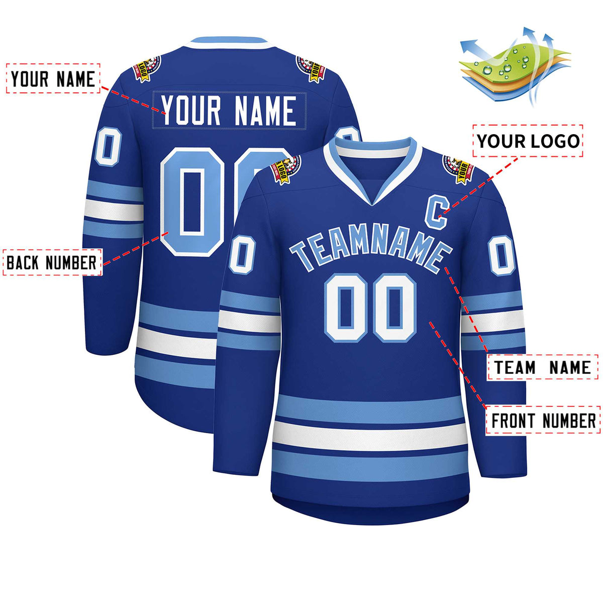 Custom Royal Light Blue-White Classic Style Hockey Jersey