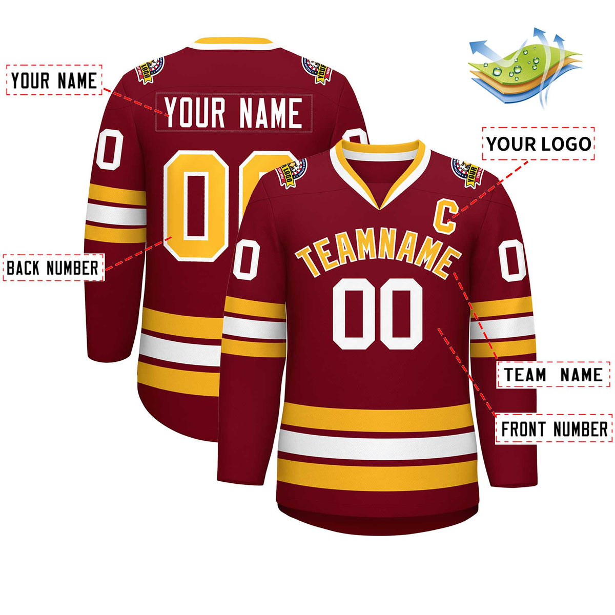 Custom Crimson Gold-White Classic Style Hockey Jersey