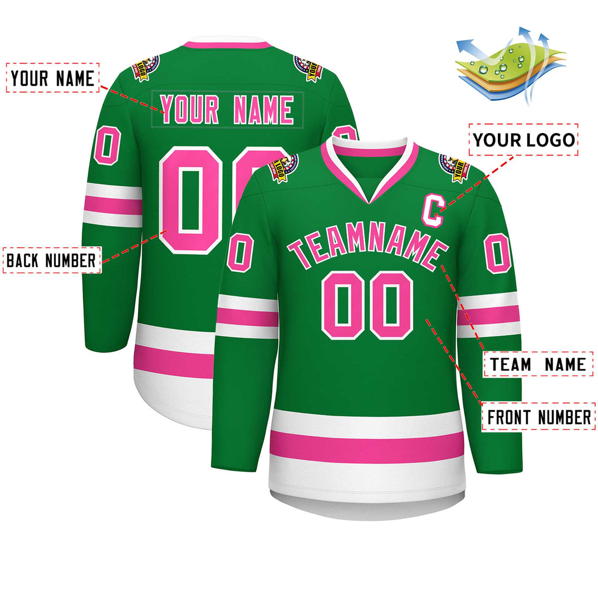 Custom Kelly Green Pink-White Classic Style Hockey Jersey