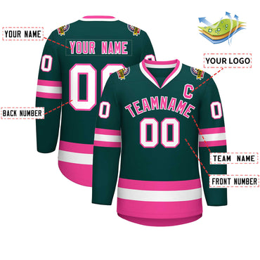 Custom Midnight Green Pink-White Classic Style Hockey Jersey