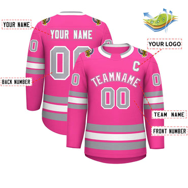Custom Pink White Pink-Gray Classic Style Hockey Jersey