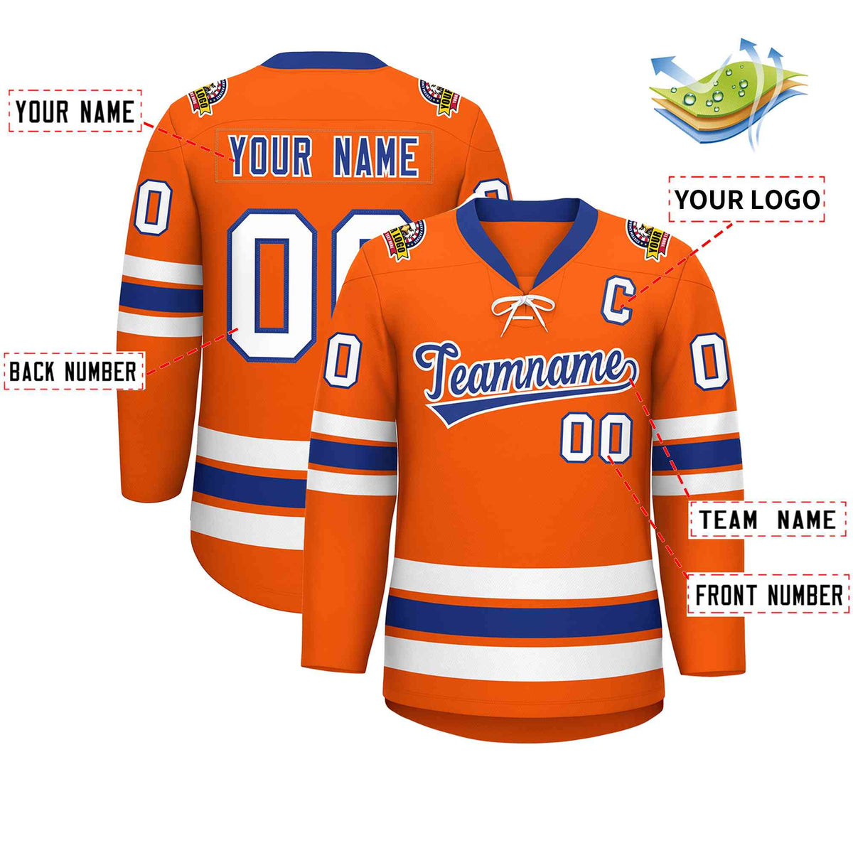Custom Orange Royal-White Lace-Up Neck Hockey Jersey