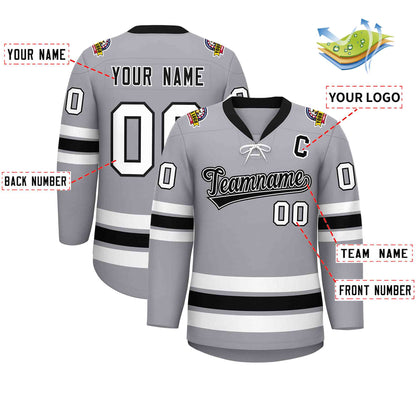 Custom Gray Black-White Lace-Up Neck Hockey Jersey