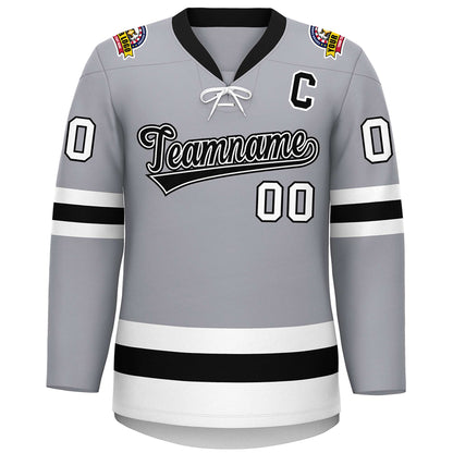 Custom Gray Black-White Lace-Up Neck Hockey Jersey
