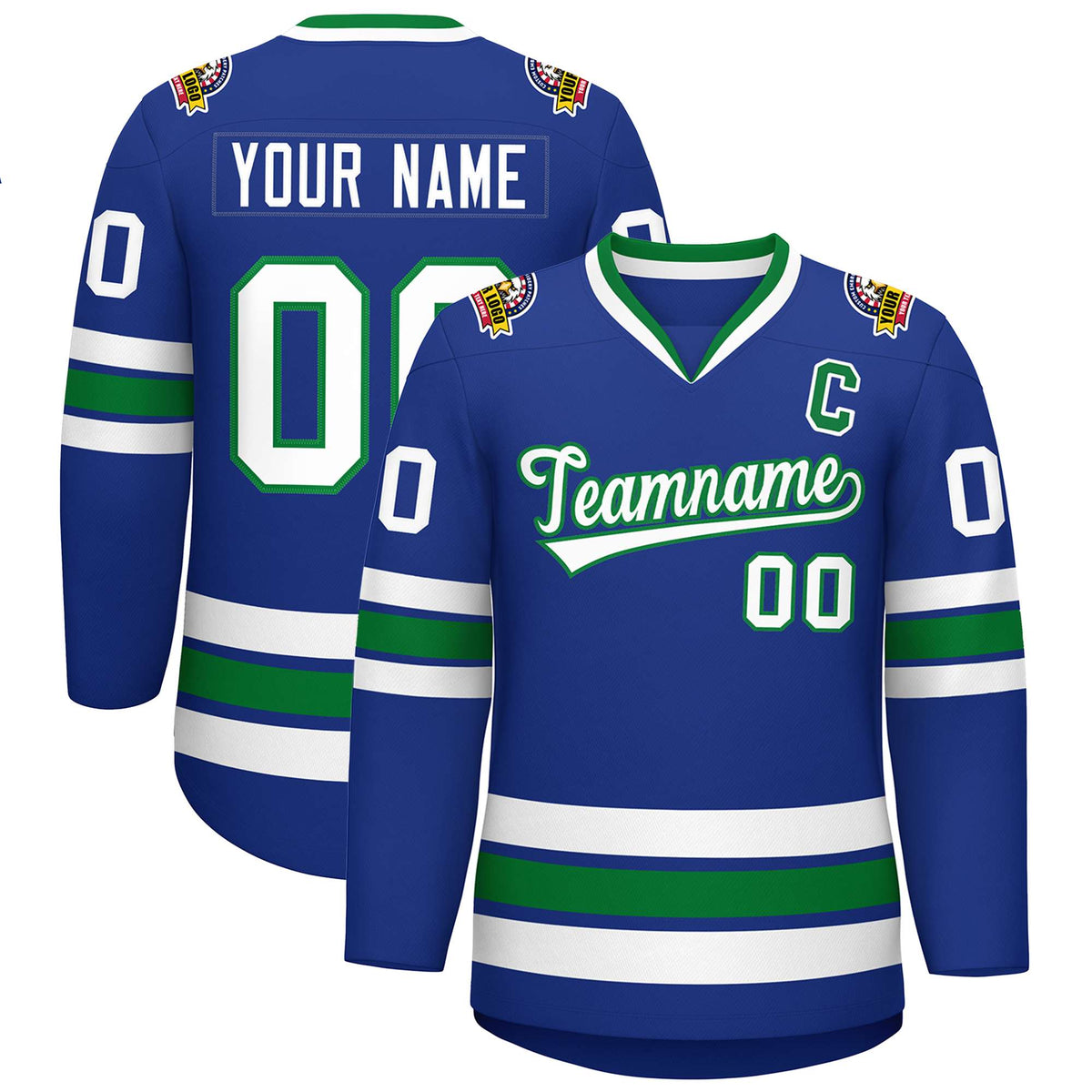 Custom Royal White-Kelly Green Classic Style Hockey Jersey