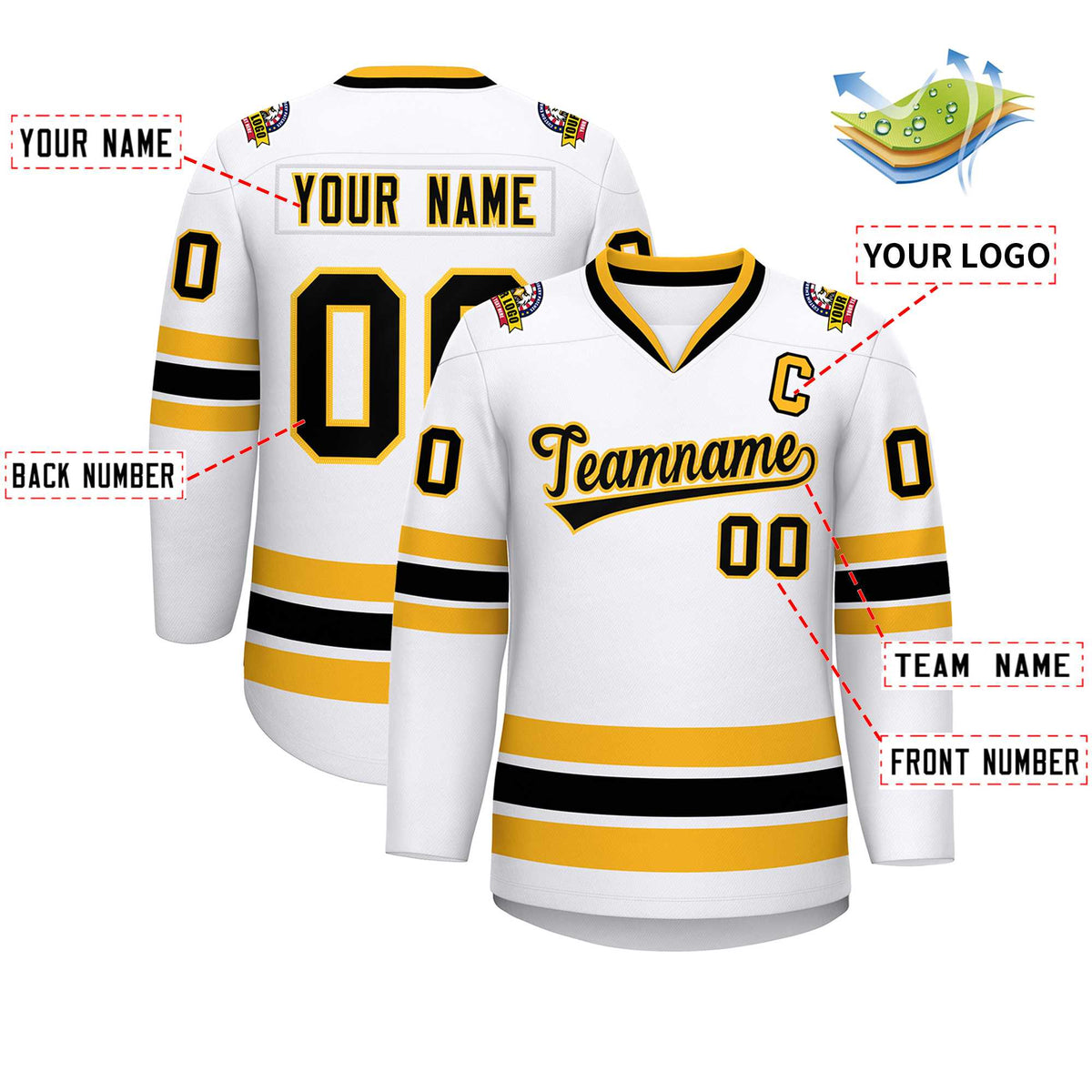 Custom White Black-Gold Classic Style Hockey Jersey