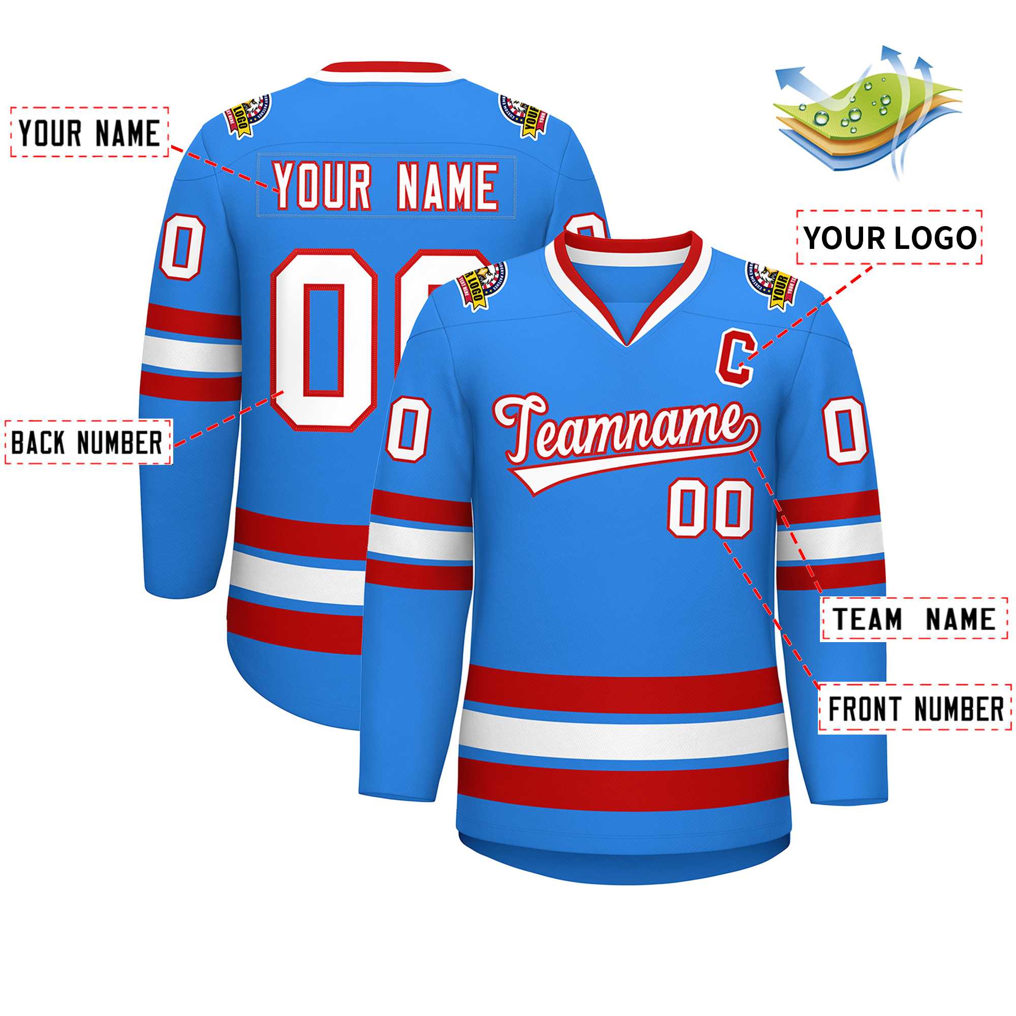 Custom Powder Blue White-Red Classic Style Hockey Jersey