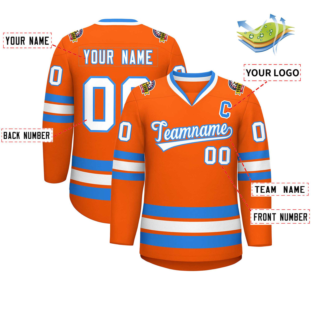 Custom Orange White-Powder Blue Classic Style Hockey Jersey