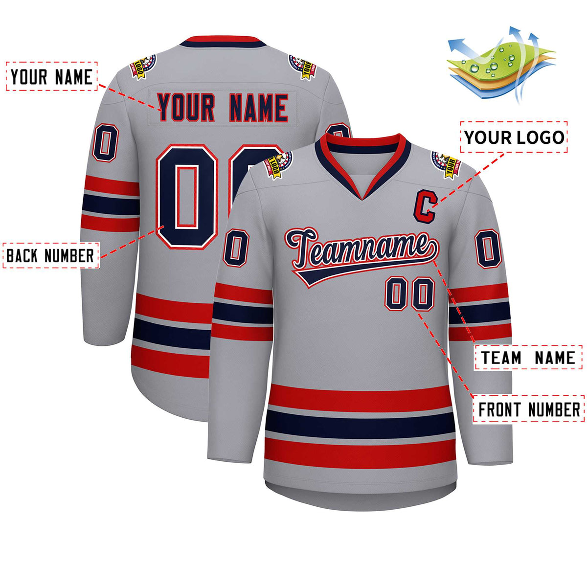 Custom Gray Navy White-Red Classic Style Hockey Jersey