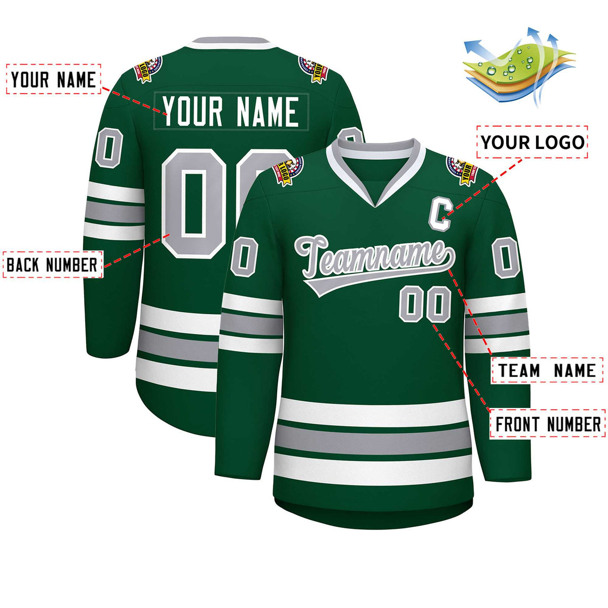 Custom Green Gray-White Classic Style Hockey Jersey