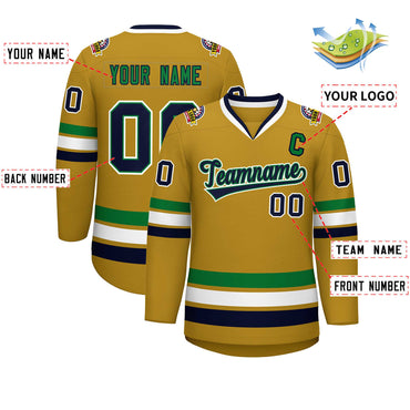 Custom Old Gold Navy Kelly Green-White Classic Style Hockey Jersey