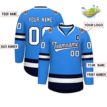Custom Powder Blue White-Navy Classic Style Hockey Jersey