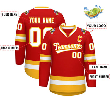 Custom Red White-Gold Classic Style Hockey Jersey