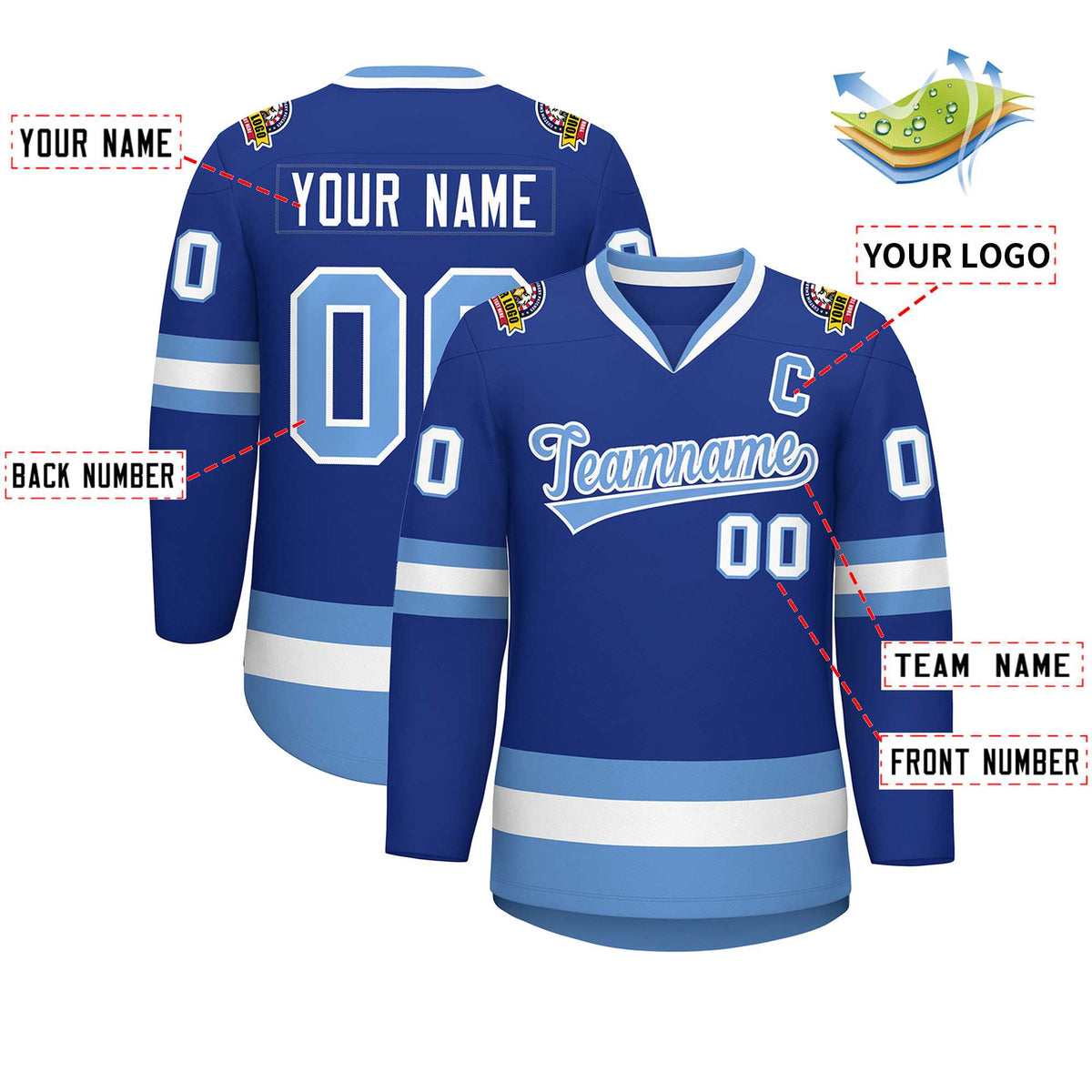 Custom Royal Light Blue-White Classic Style Hockey Jersey