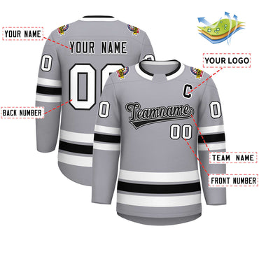 Custom Gray Black White-Black Classic Style Hockey Jersey