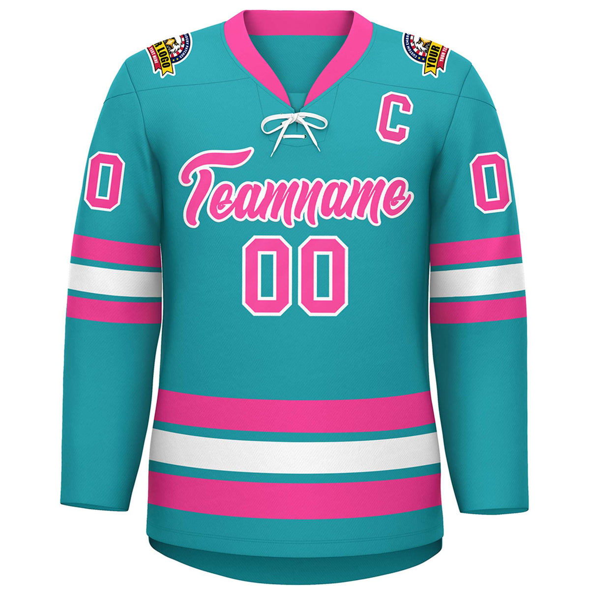 Custom Aqua Pink-White Lace-Up Neck Hockey Jersey
