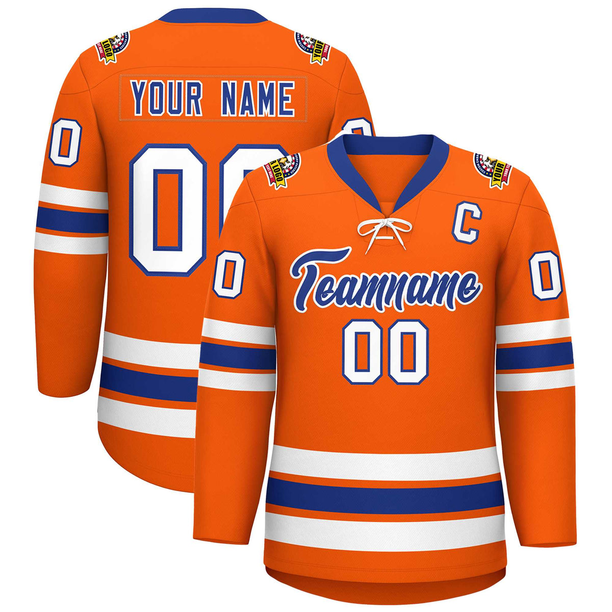 Custom Orange Royal-White Lace-Up Neck Hockey Jersey