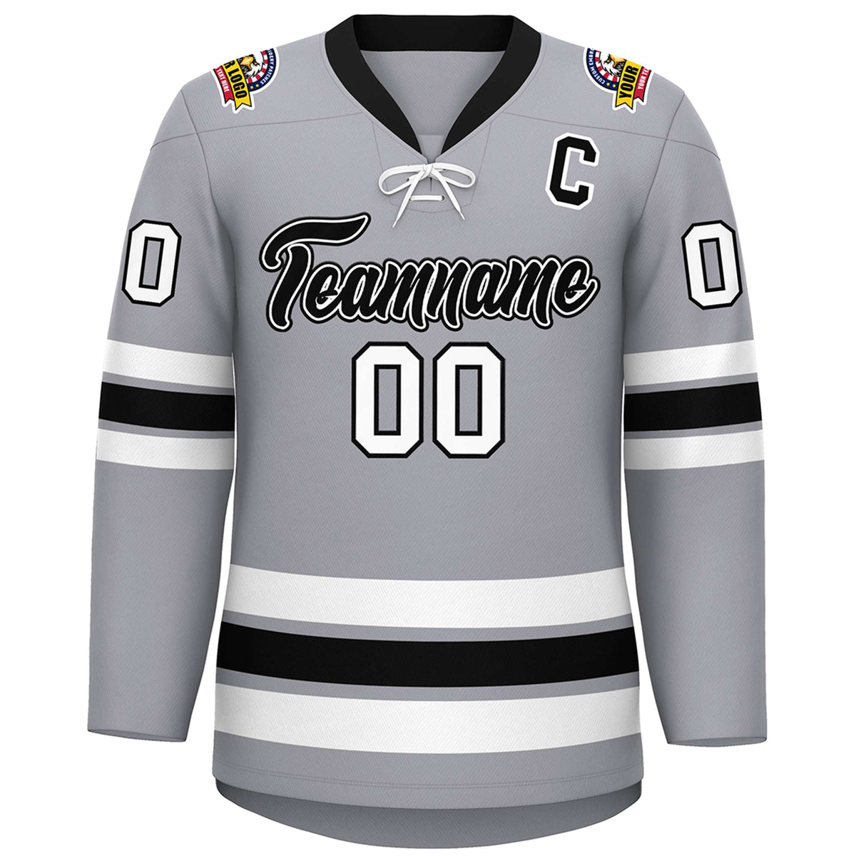 Custom Gray Black-White Lace-Up Neck Hockey Jersey