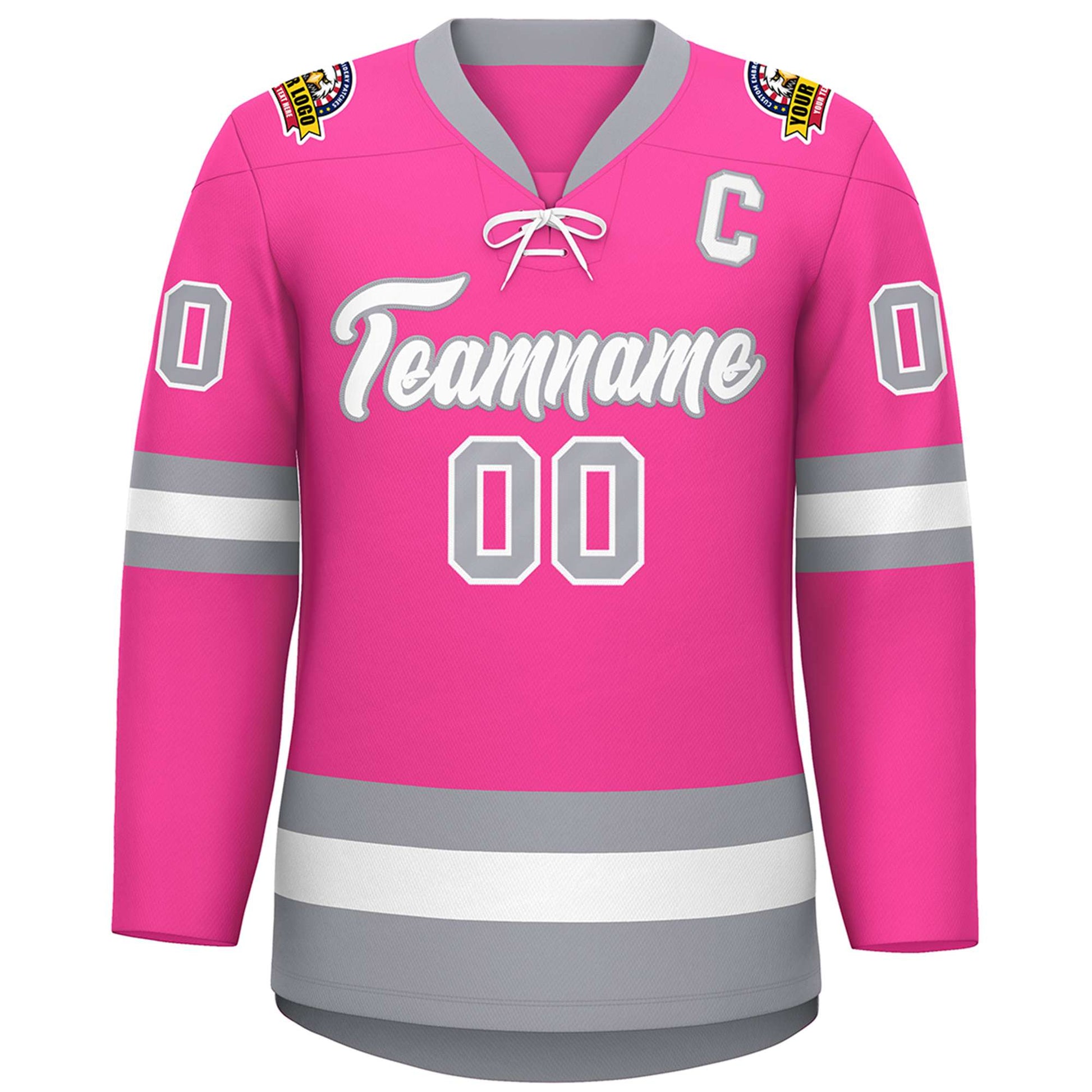 Custom Pink White-Gray Lace-Up Neck Hockey Jersey