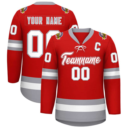 Custom Red White-Gray Lace-Up Neck Hockey Jersey