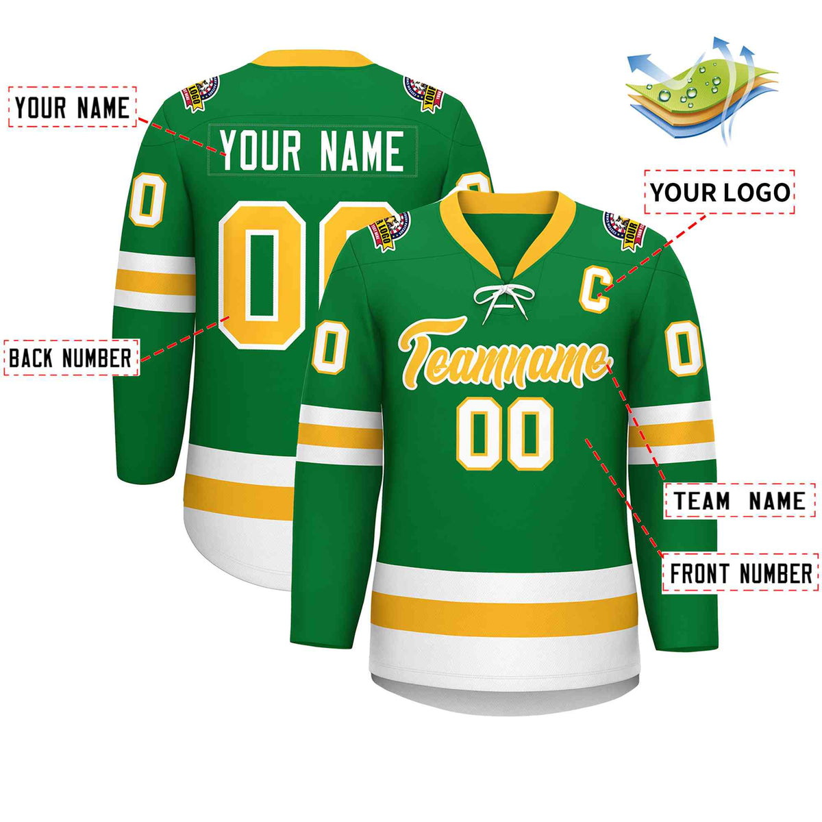 Custom Kelly Green Gold-White Lace-Up Neck Hockey Jersey