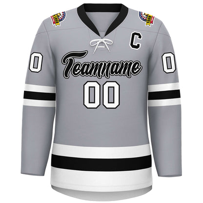 Custom Gray Black-White Lace-Up Neck Hockey Jersey