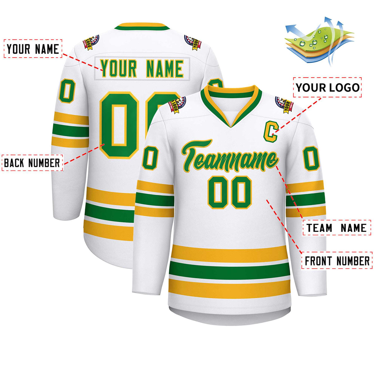 Custom White Kelly Green-Gold Classic Style Hockey Jersey