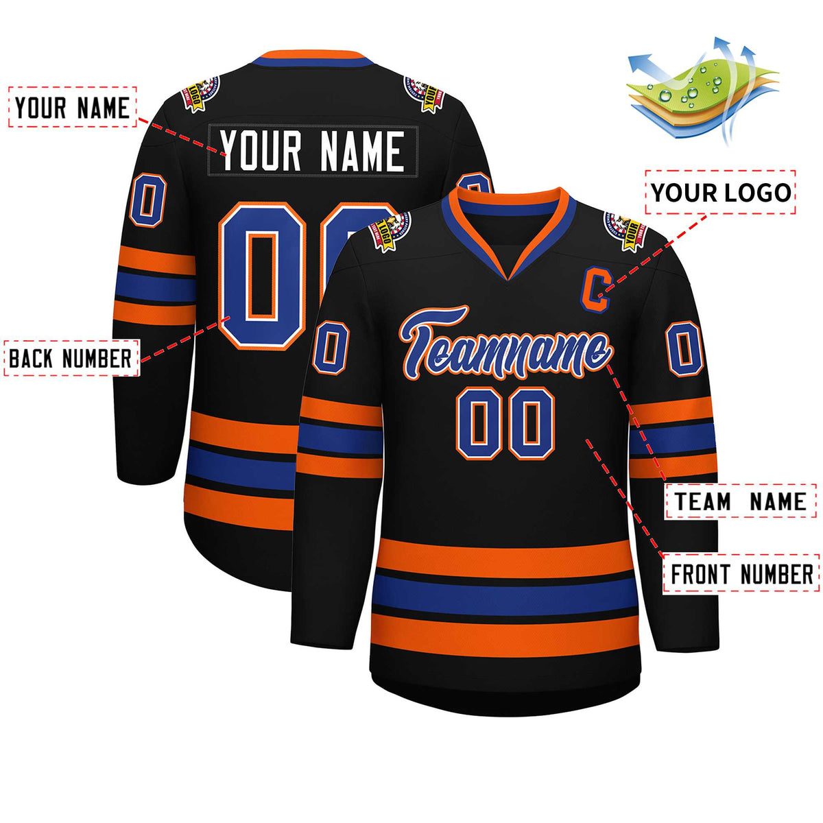 Custom Black Royal White-Orange Classic Style Hockey Jersey