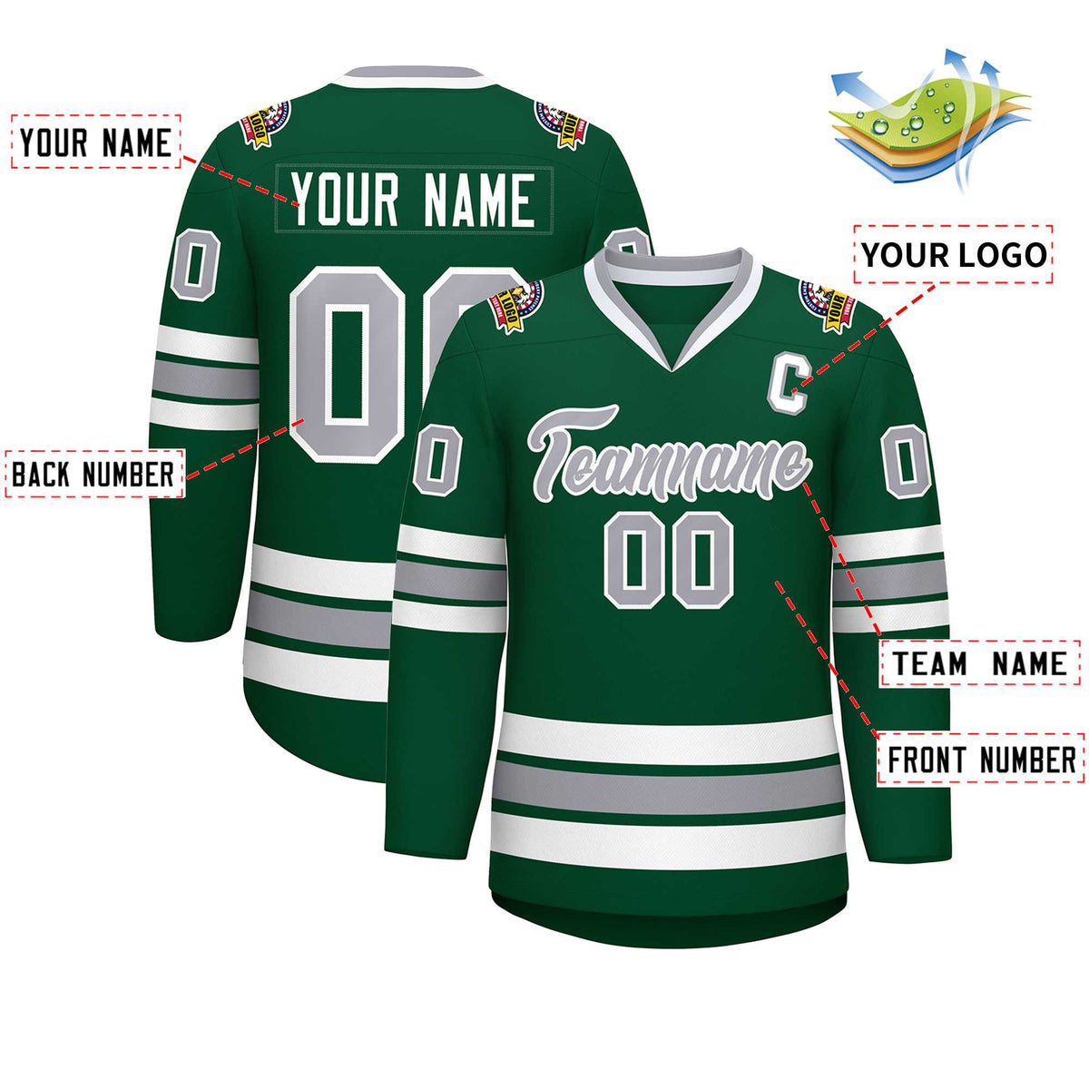 Custom Green Gray-White Classic Style Hockey Jersey