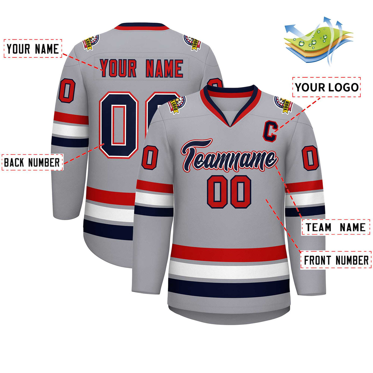 Custom Gray Navy White-Red Classic Style Hockey Jersey