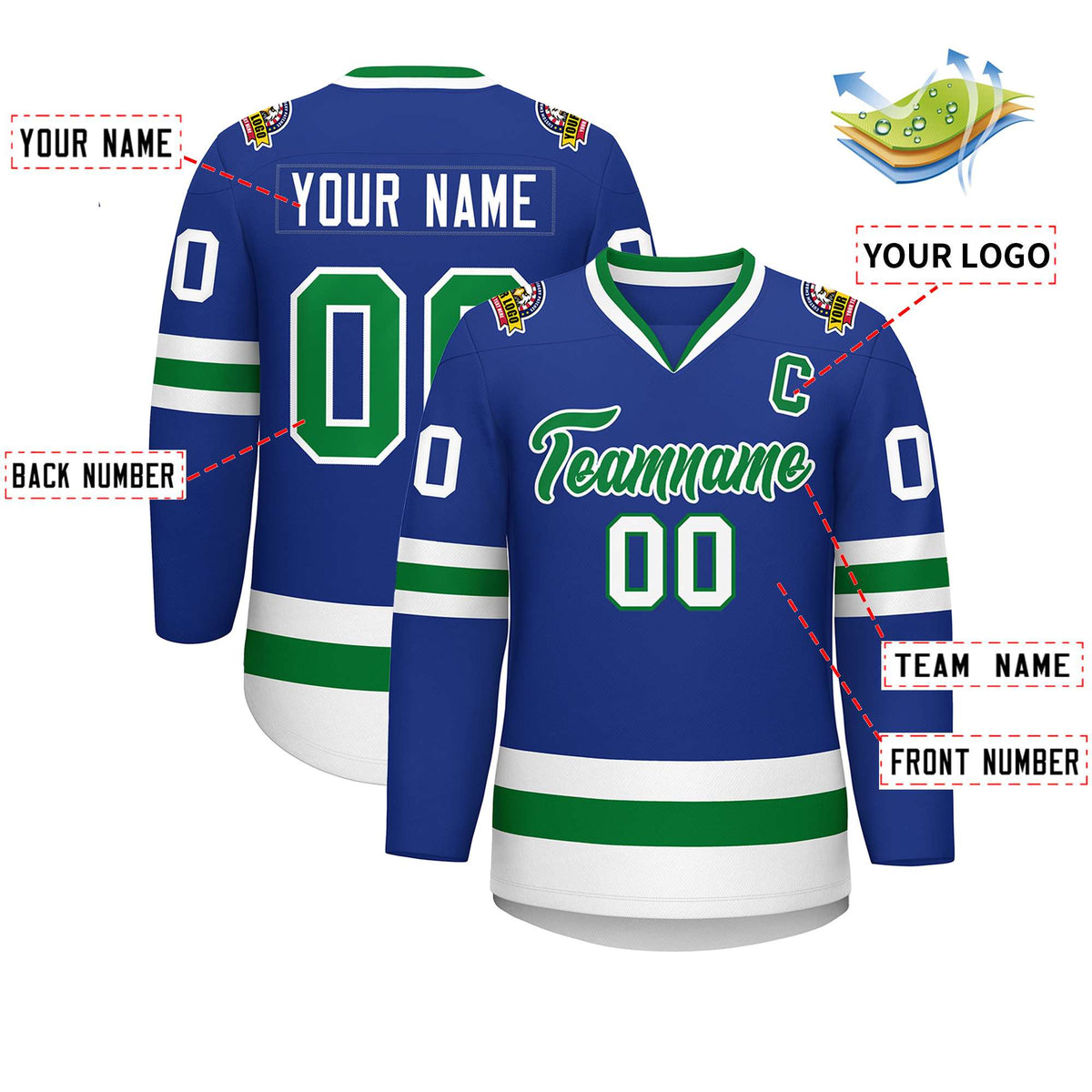 Custom Royal Kelly Green-White Classic Style Hockey Jersey