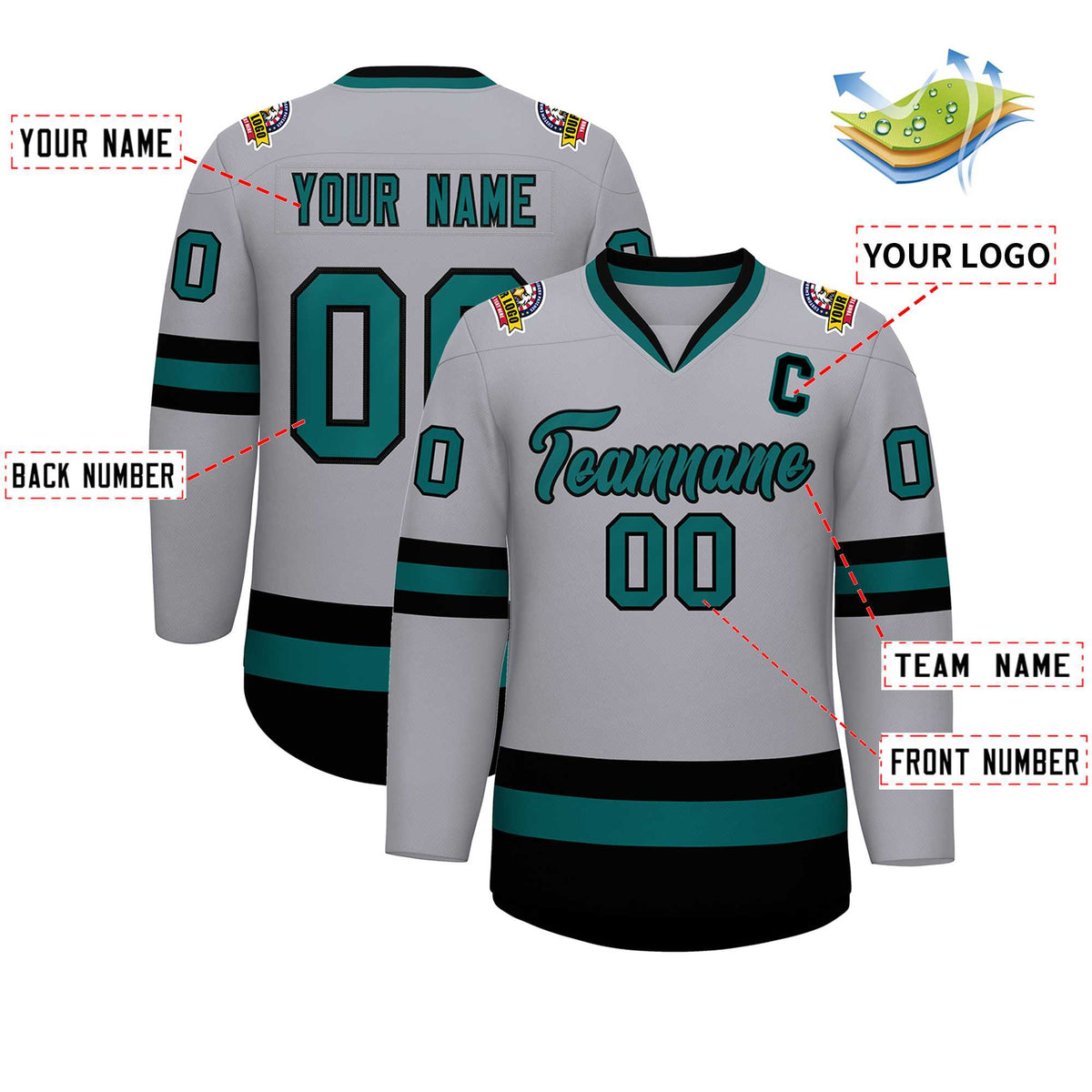 Custom Gray Aqua-Black Classic Style Hockey Jersey