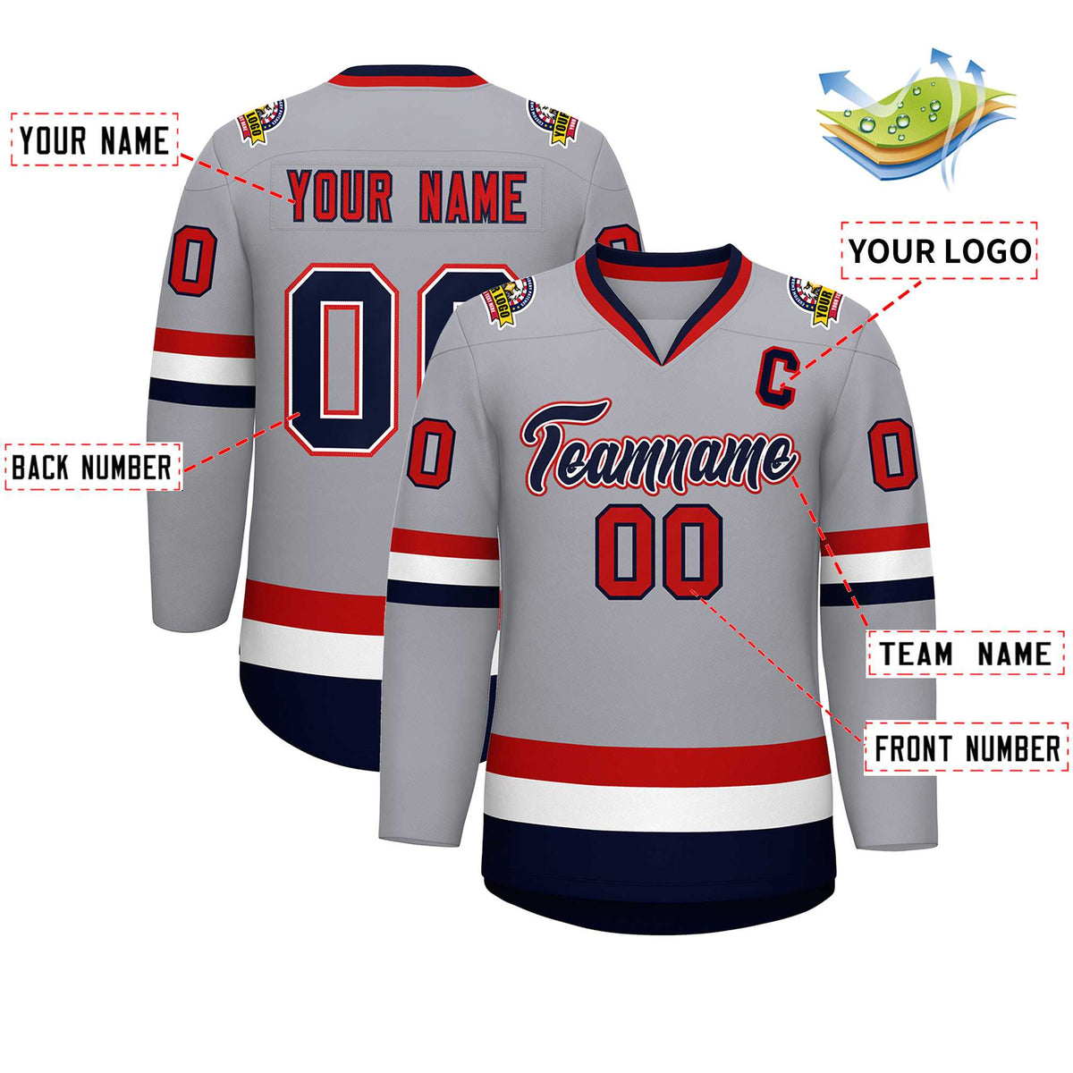Custom Gray Navy White-Red Classic Style Hockey Jersey