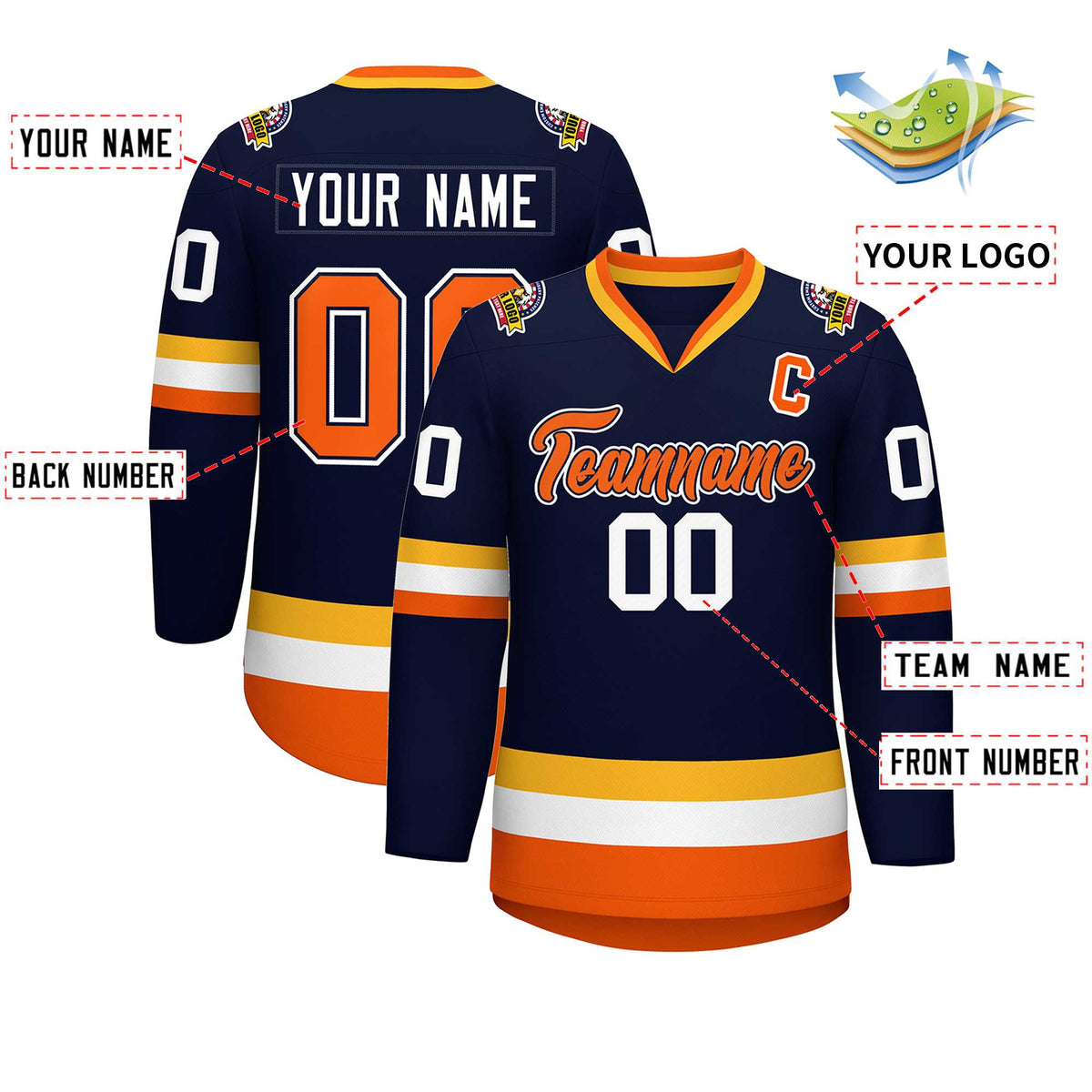 Custom Navy Orange Navy-White Classic Style Hockey Jersey