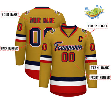 Custom Old Gold Navy White-Red Classic Style Hockey Jersey